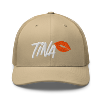 TINA bitcoin trucker cap in Khaki, front view.