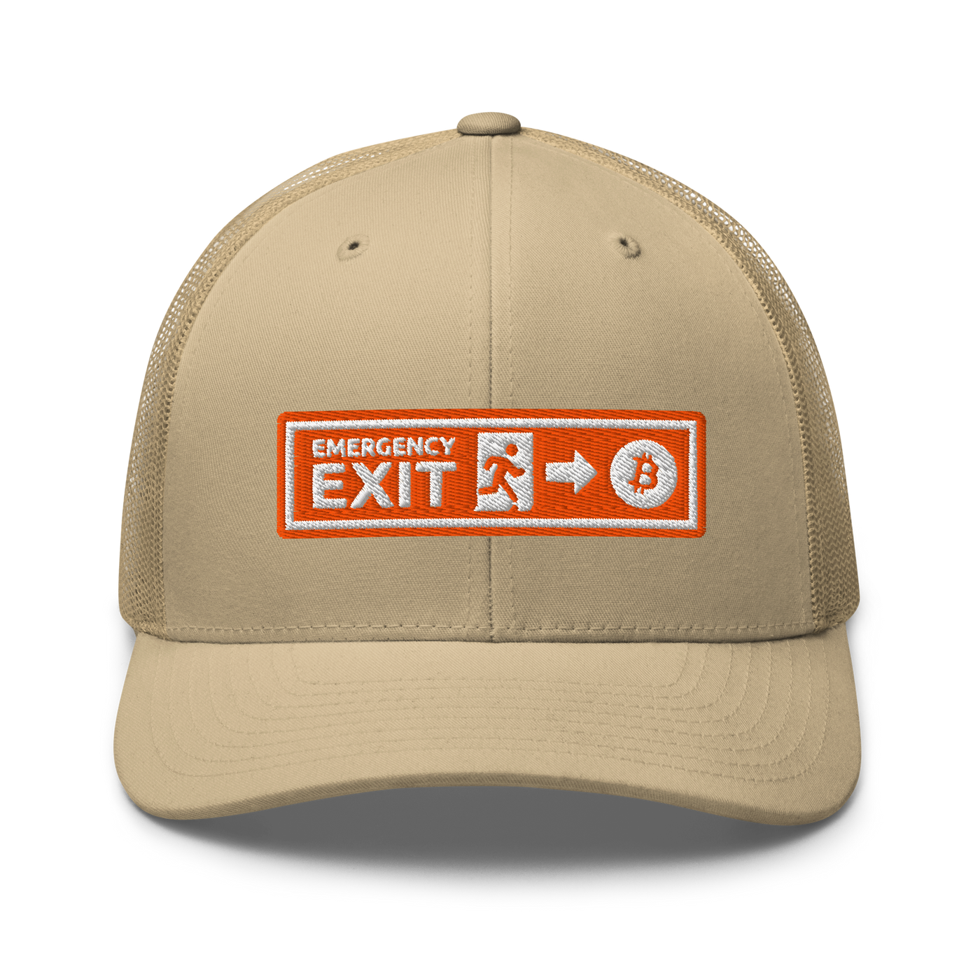 Emergency Exit bitcoin trucker cap in Khaki, front view.