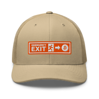 Emergency Exit bitcoin trucker cap in Khaki, front view.