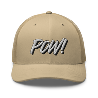 POW! bitcoin trucker cap in Khaki, front view.