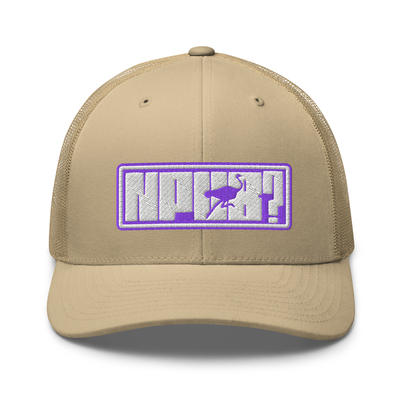 nPub? nostr trucker cap in Khaki, front view.