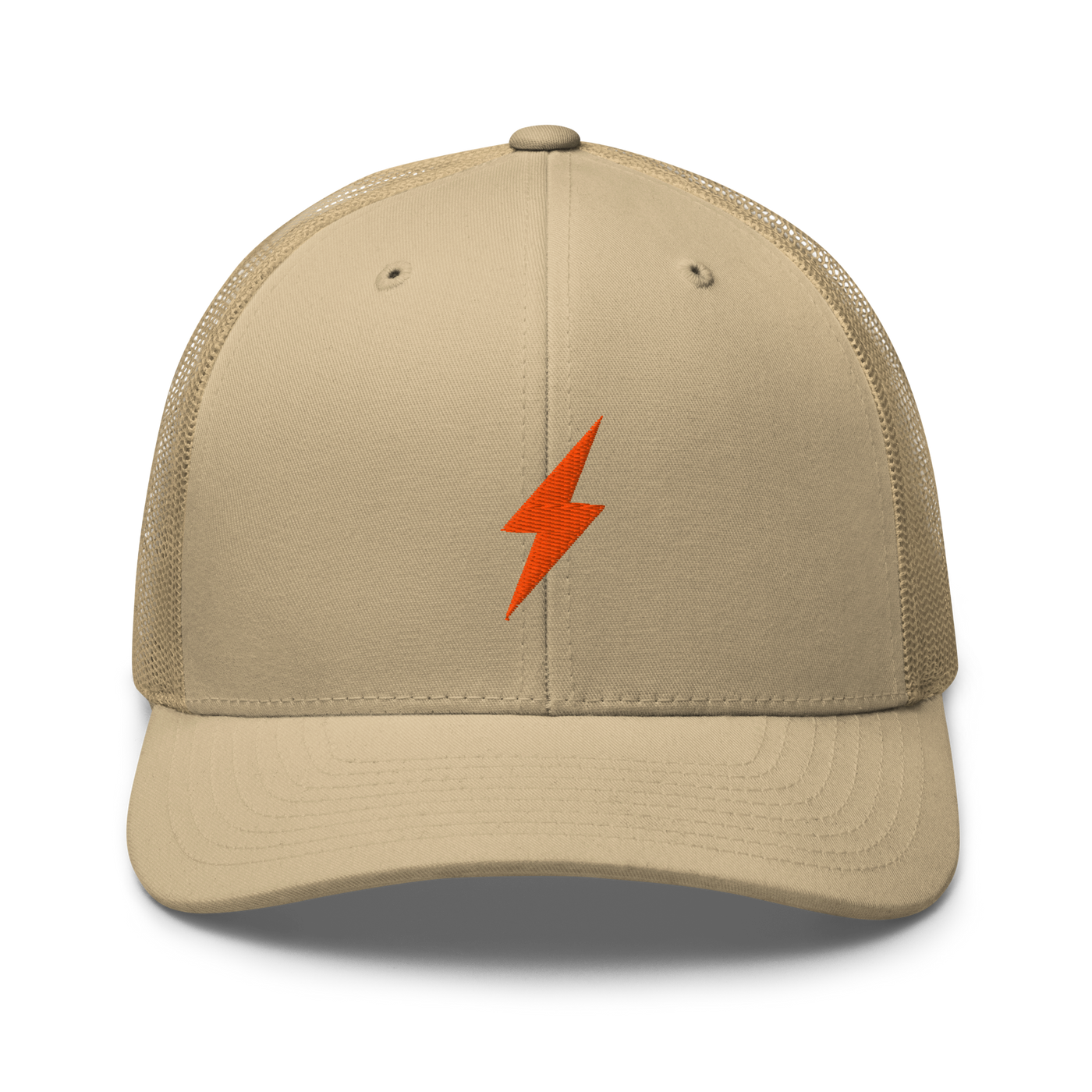 Lightning bitcoin trucker cap in Khaki, front view.