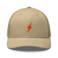 Lightning bitcoin trucker cap in Khaki, front view.