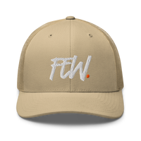 Few. bitcoin trucker cap in Khaki, front view.