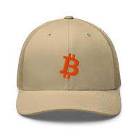 Bitcoin B bitcoin trucker cap in Khaki, front view.