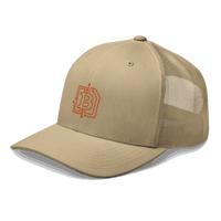 Side view of a khaki bitcoin trucker cap.