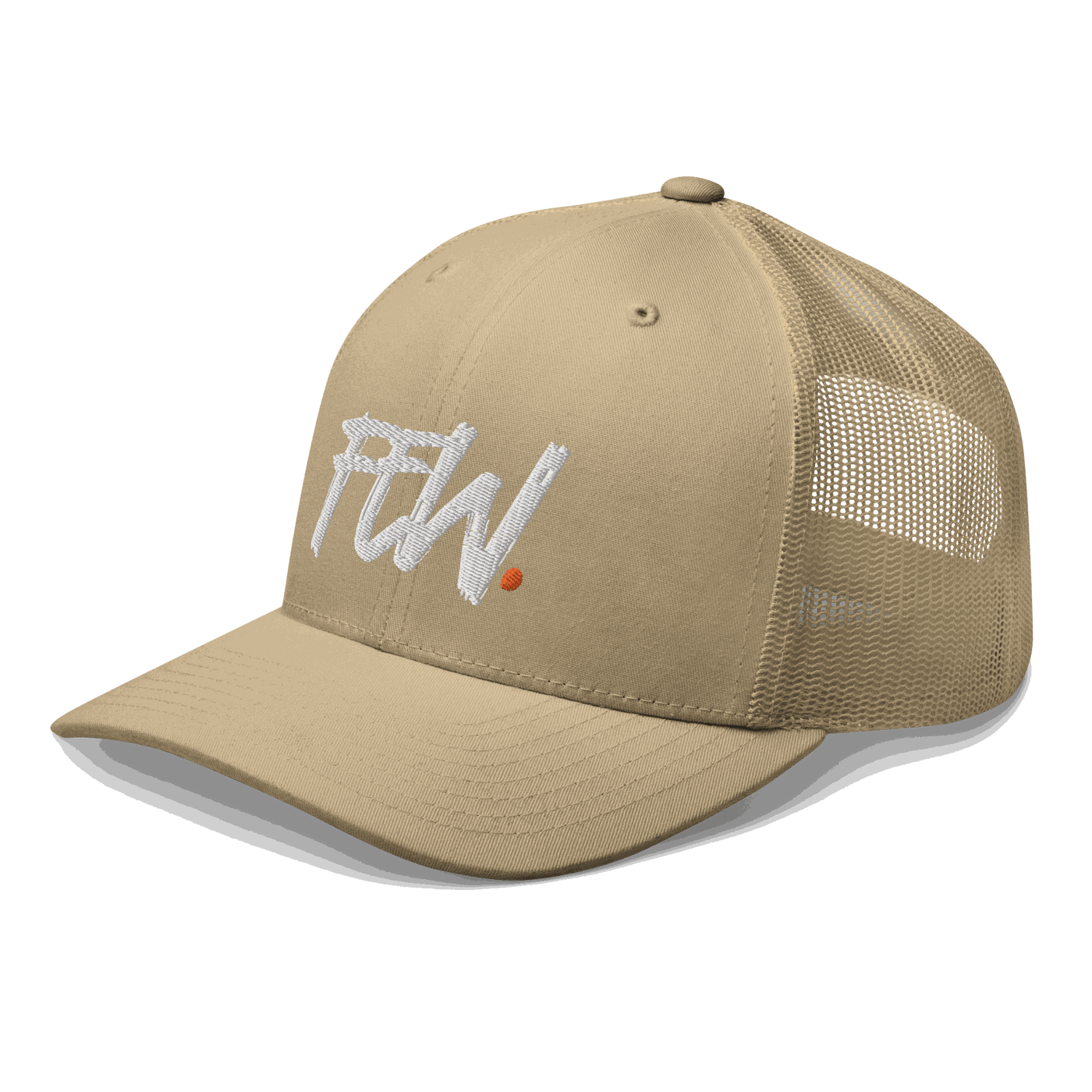 Side view of a khaki bitcoin trucker cap.