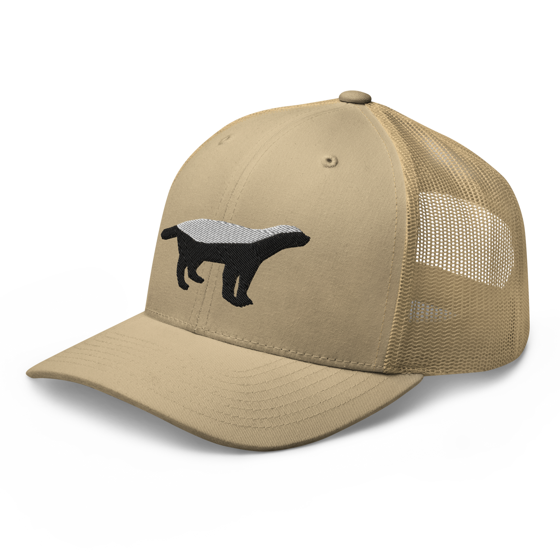 Side view of a khaki bitcoin trucker cap.