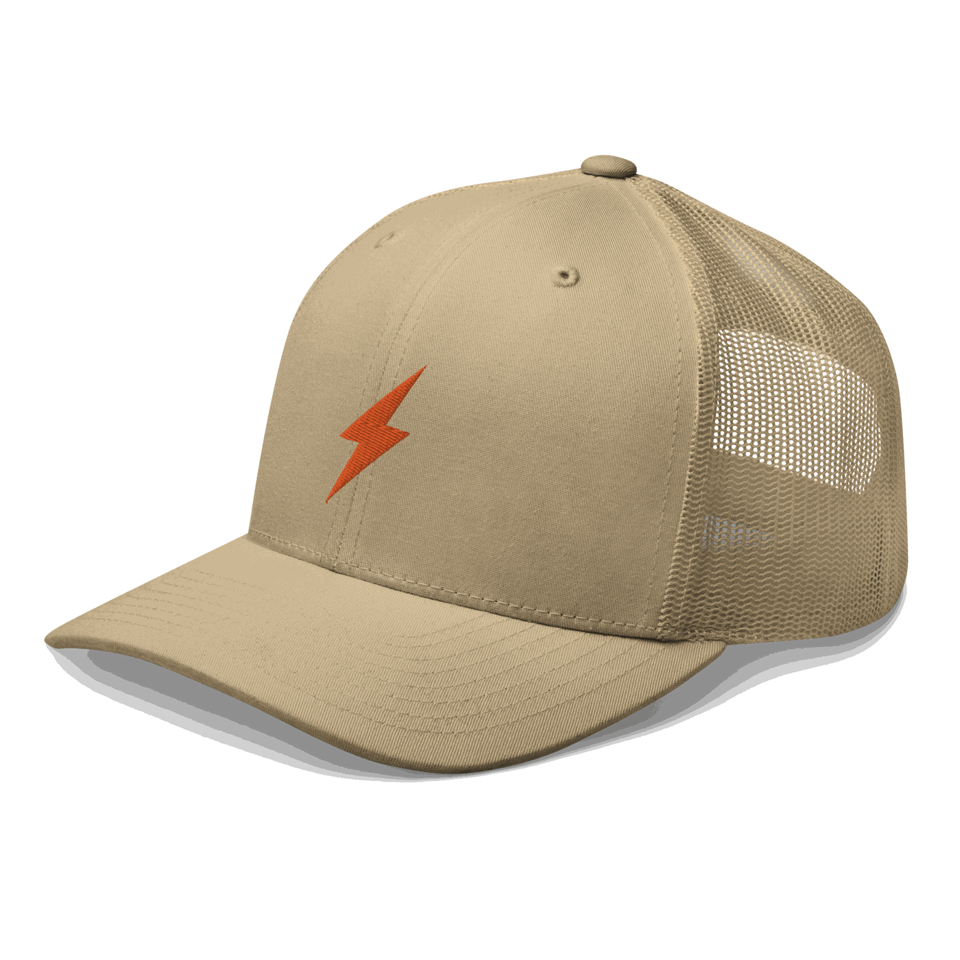 Black six-panel Lightning Bitcoin trucker cap with mesh back and adjustable strap