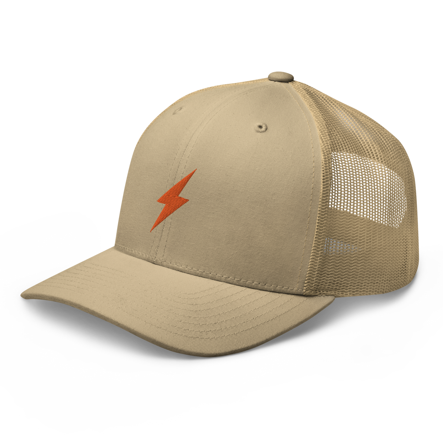 Side view of a khaki bitcoin trucker cap.