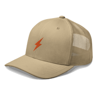 Black six-panel Lightning Bitcoin trucker cap with mesh back and adjustable strap