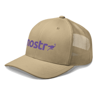Side view of a khaki bitcoin trucker cap.