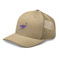 Side view of a khaki bitcoin trucker cap.