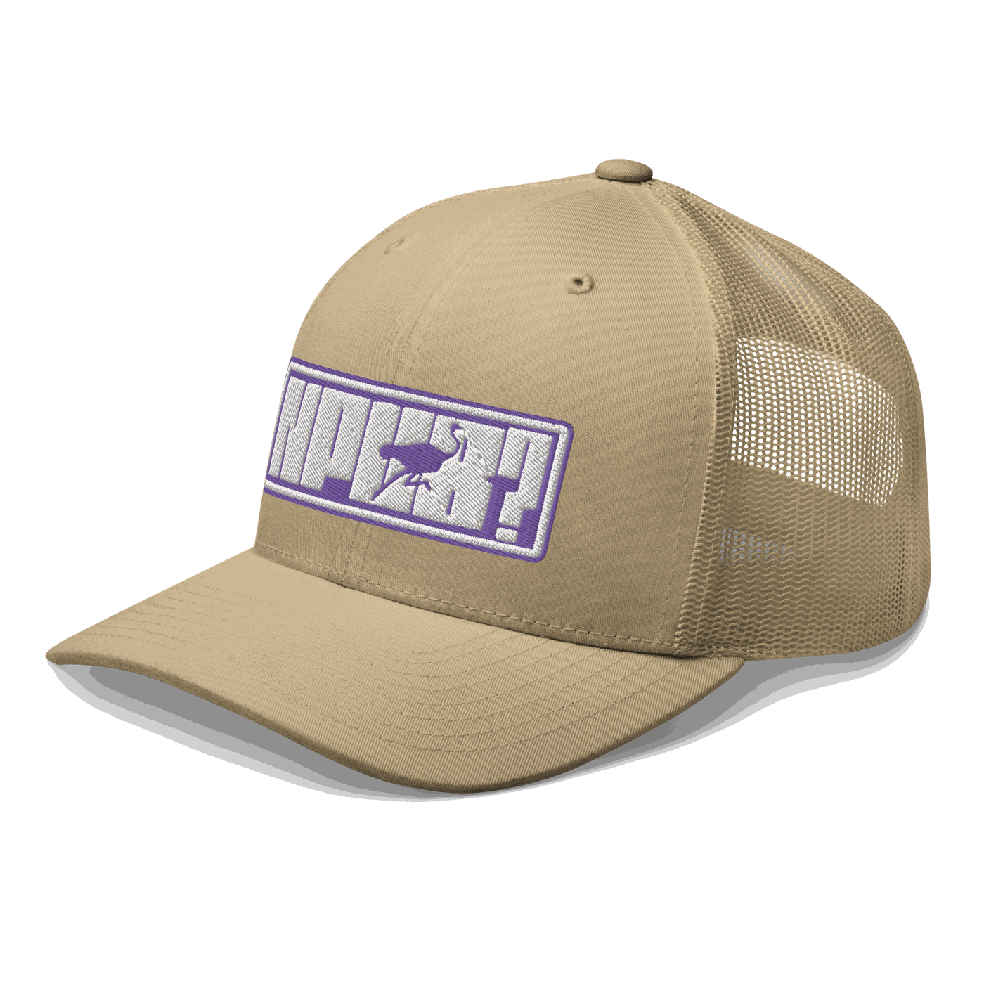 Side view of a khaki bitcoin trucker cap.