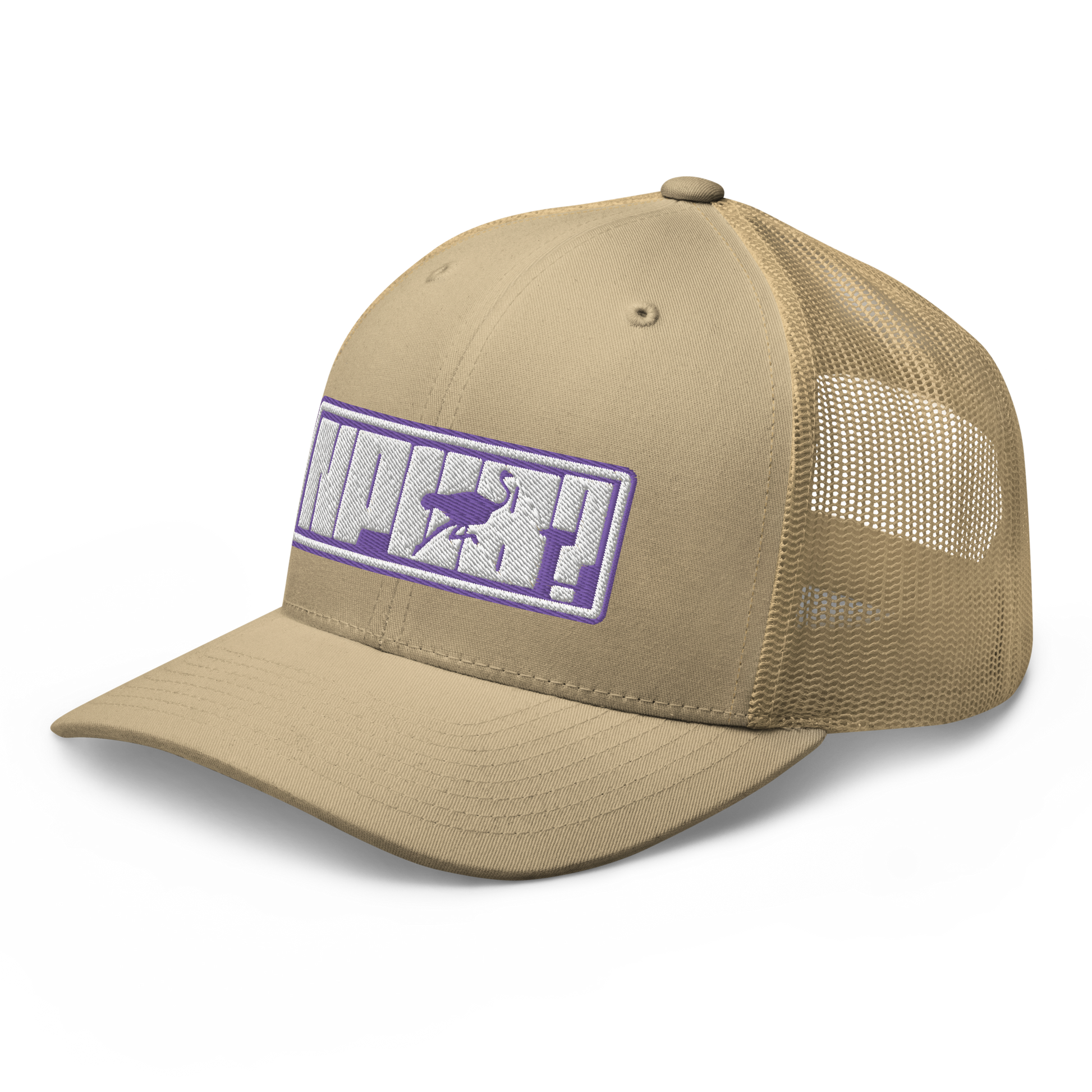 Side view of a khaki bitcoin trucker cap.