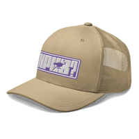 Side view of a khaki bitcoin trucker cap.