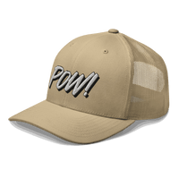 Side view of a khaki bitcoin trucker cap.