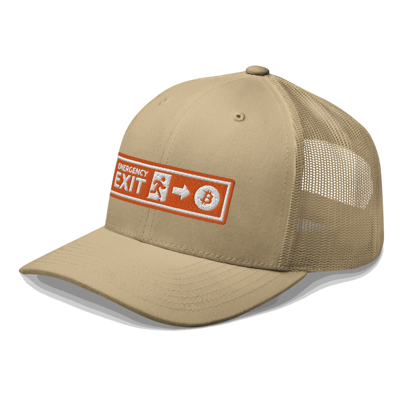 Side view of a khaki bitcoin trucker cap.