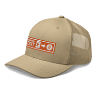 Side view of a khaki bitcoin trucker cap.