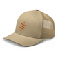 Side view of a khaki bitcoin trucker cap.