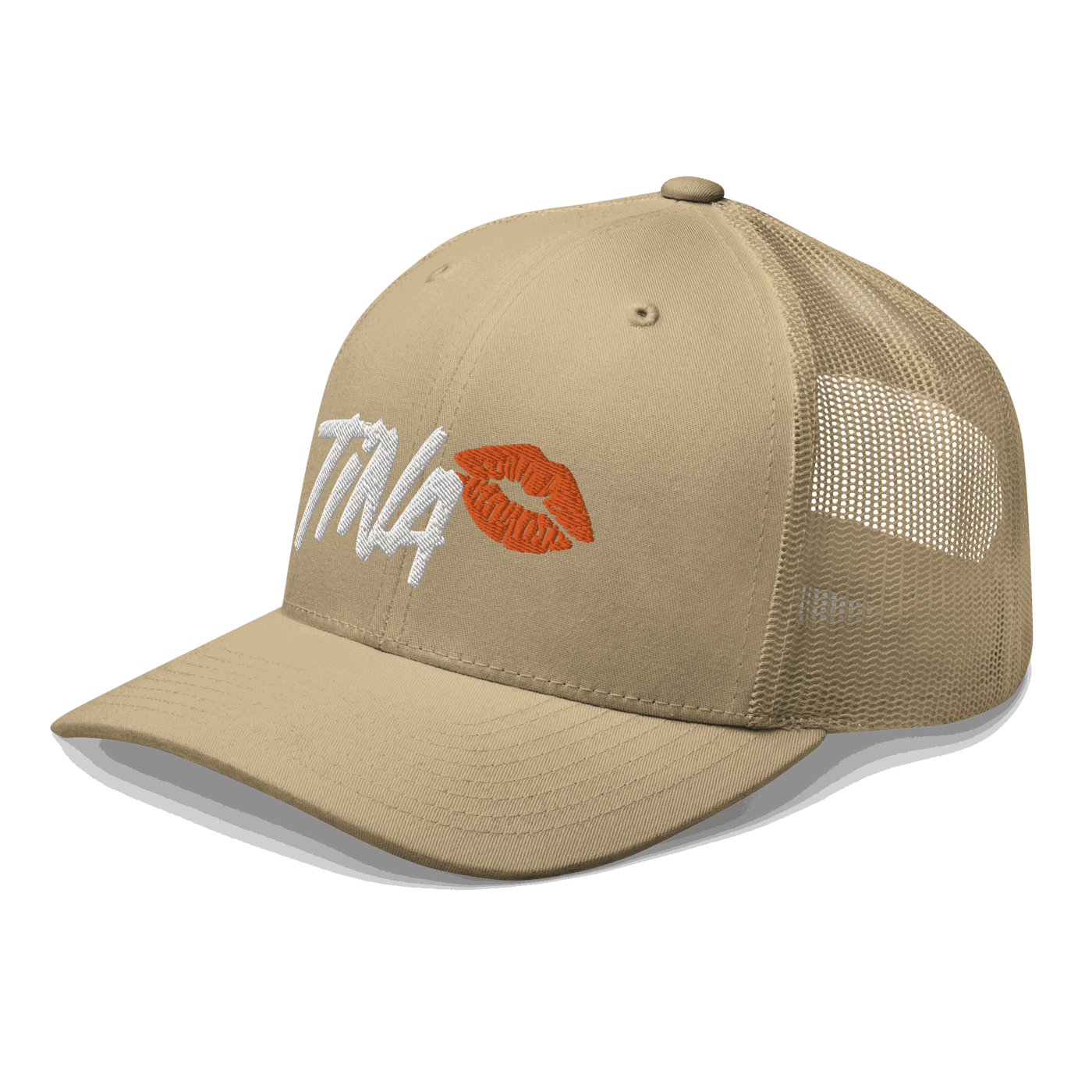 Side view of a khaki bitcoin trucker cap.