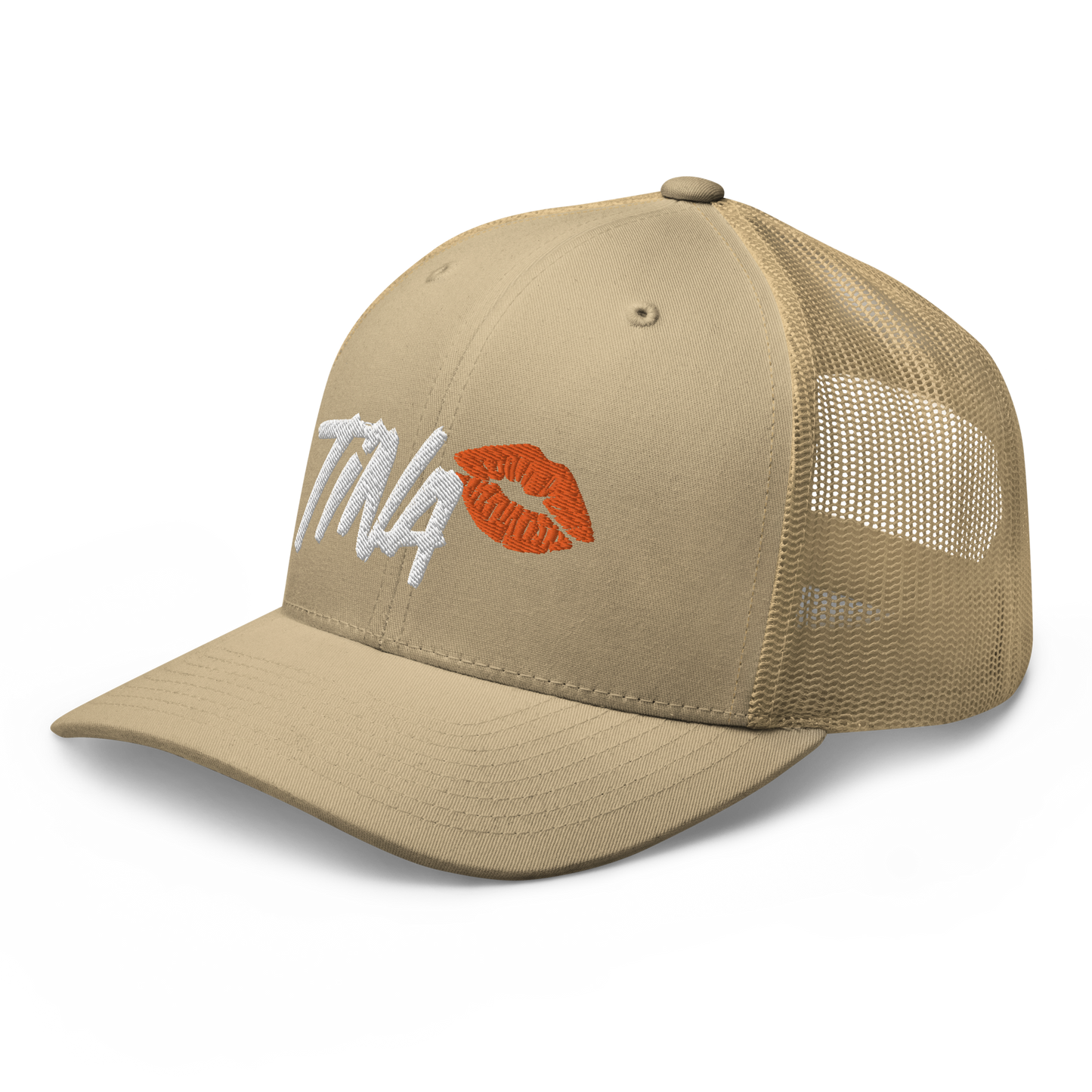 Side view of a khaki bitcoin trucker cap.