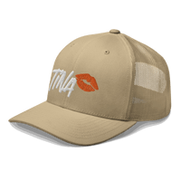 Side view of a khaki bitcoin trucker cap.