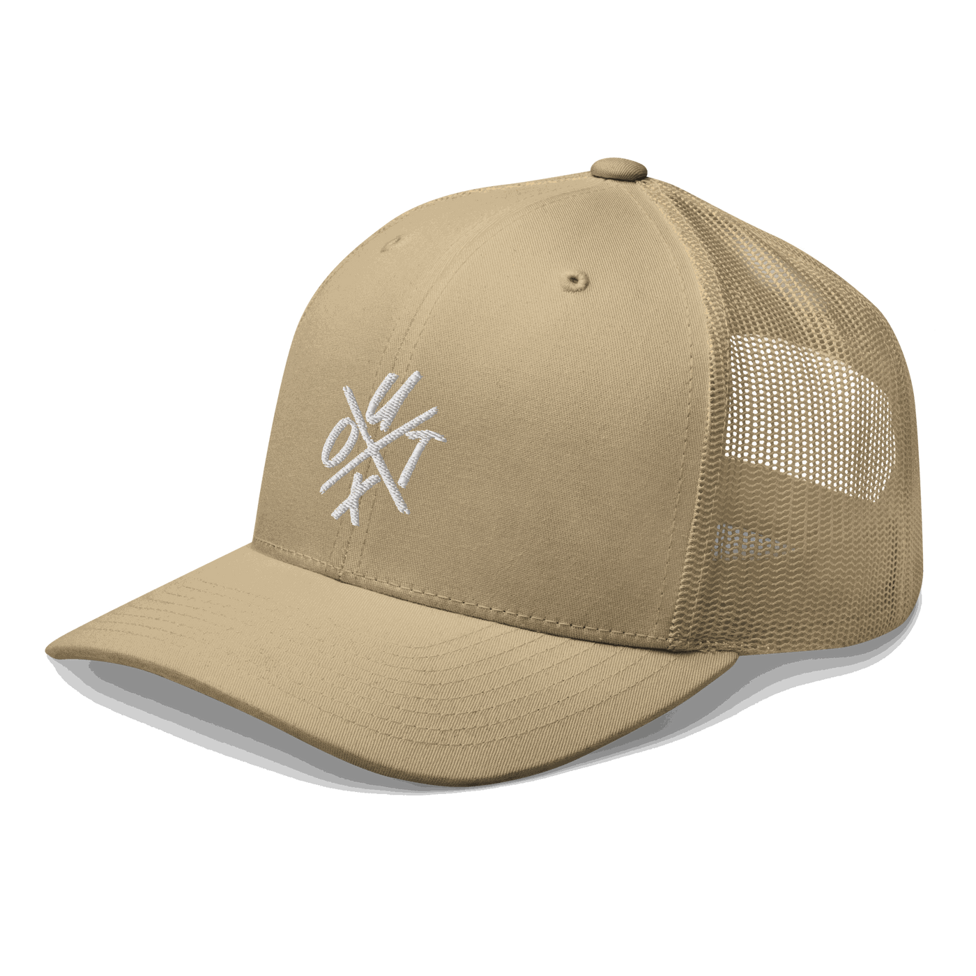 Side view of a khaki bitcoin trucker cap.