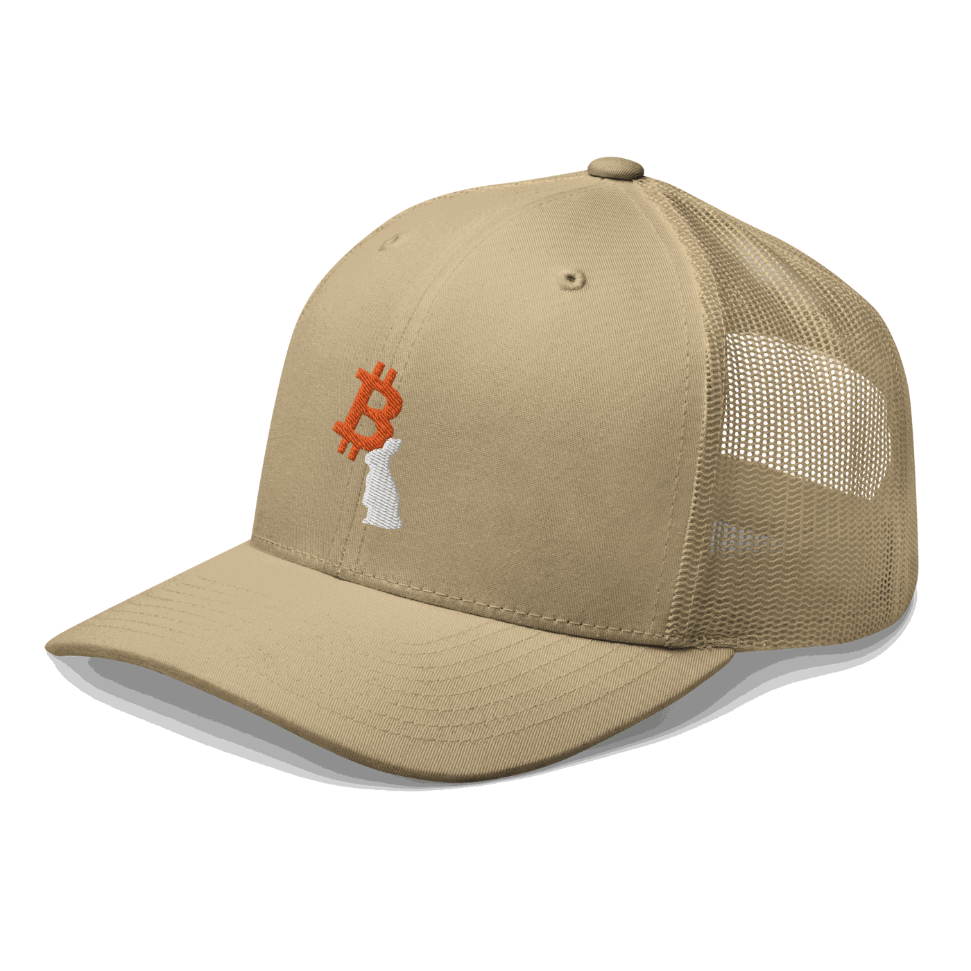 Side view of a khaki bitcoin trucker cap.