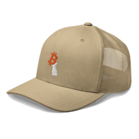 Side view of a khaki bitcoin trucker cap.