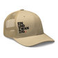 Side view of a khaki bitcoin trucker cap.