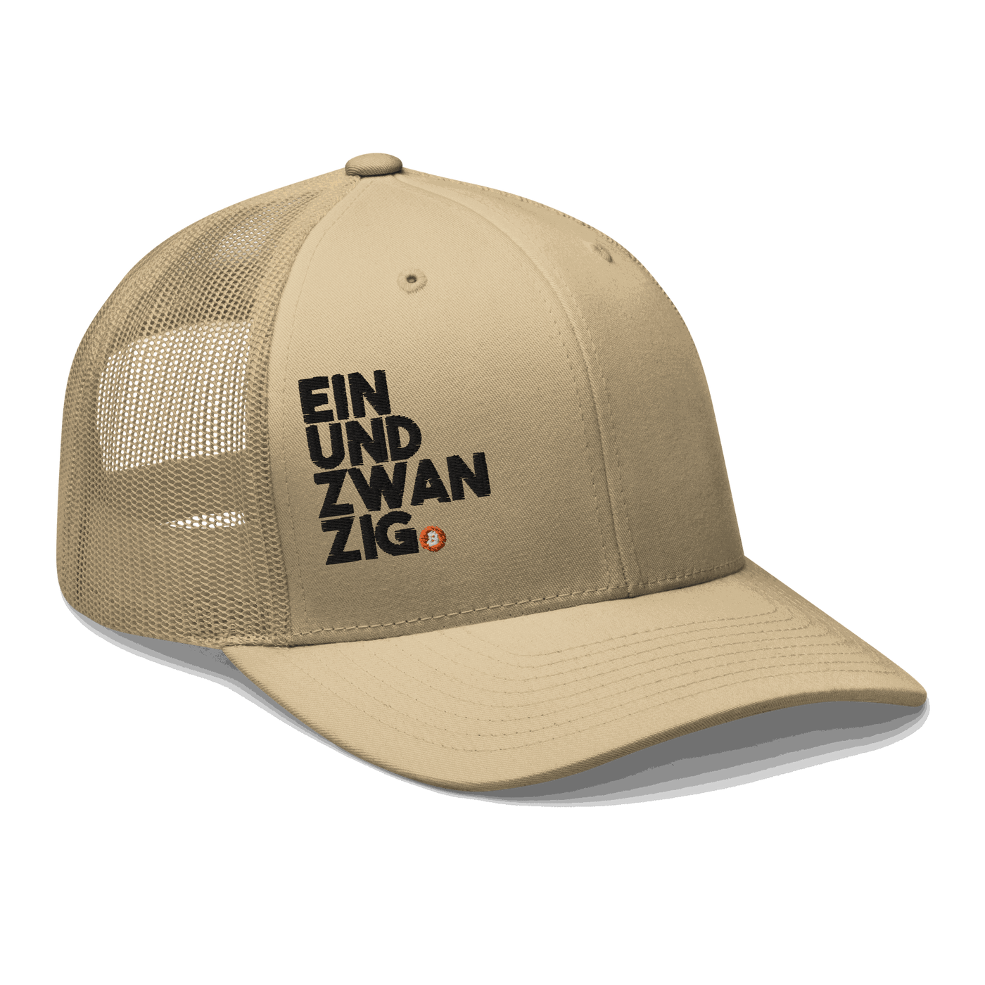 Black Einundzwanzig Bitcoin trucker cap with mesh back and embroidered logo