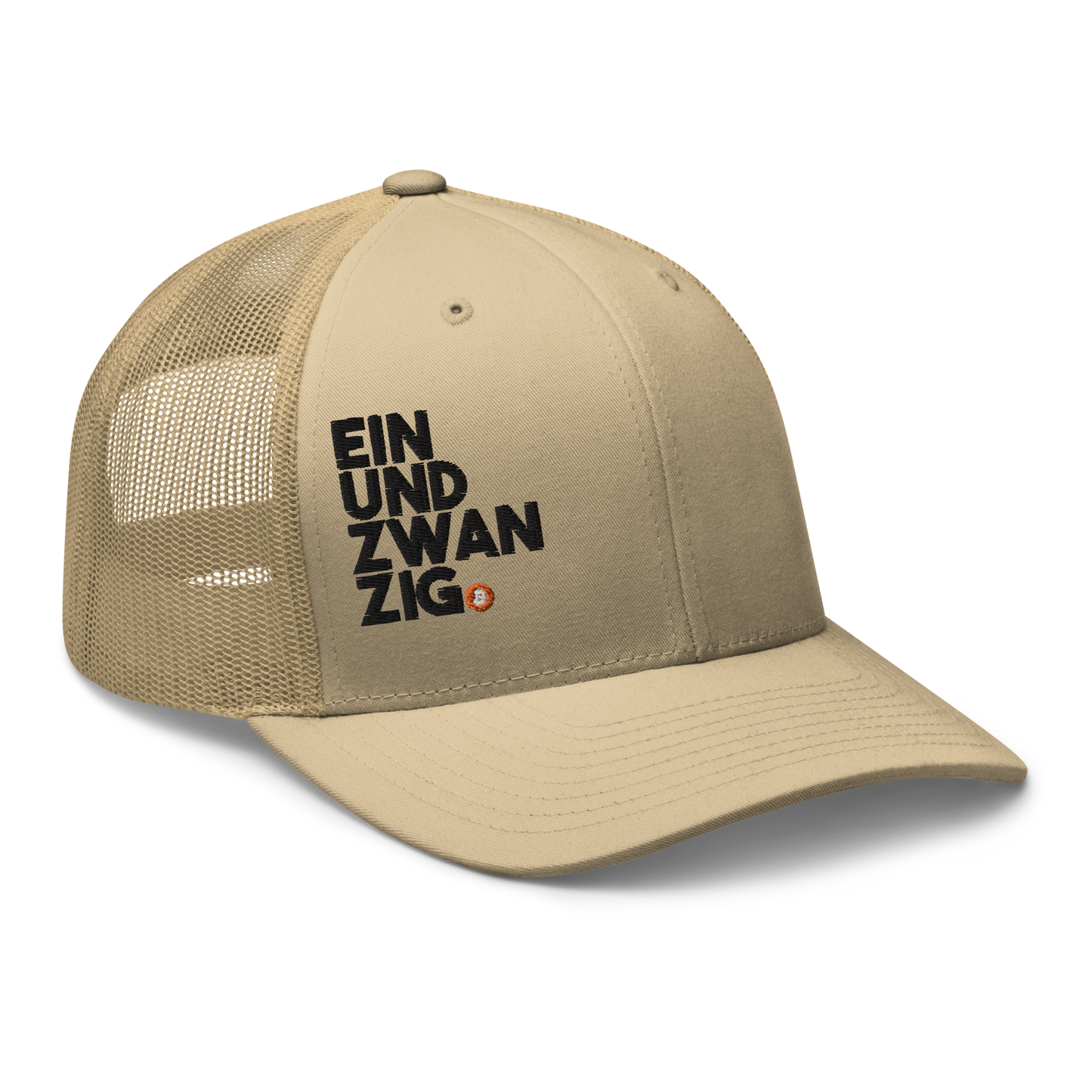 Side view of a khaki bitcoin trucker cap.