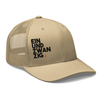 Black Einundzwanzig Bitcoin trucker cap with mesh back and embroidered logo