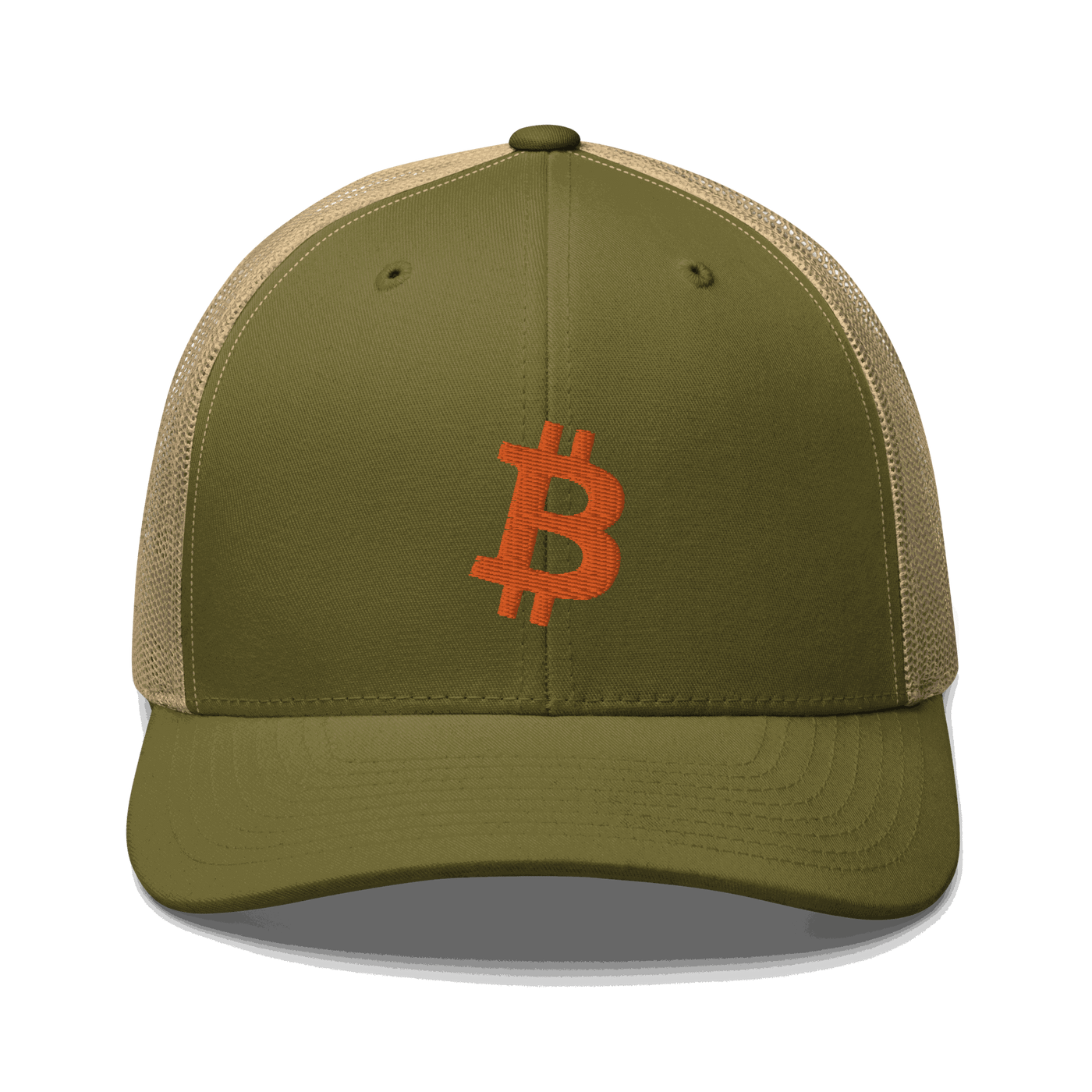 Front view of a moss green and khaki bitcoin trucker cap.