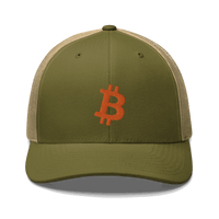 Front view of a moss green and khaki bitcoin trucker cap.