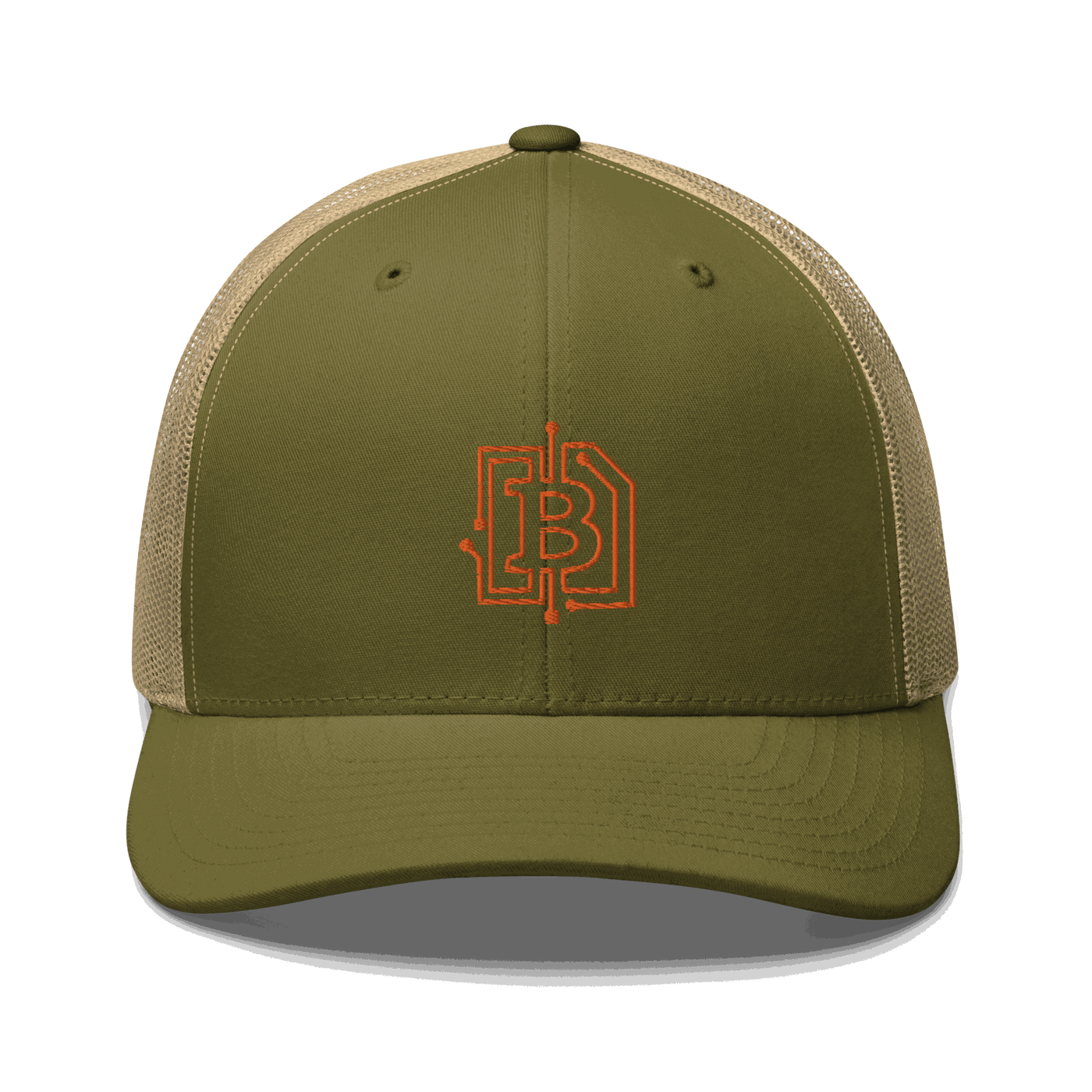 Front view of a moss green and khaki bitcoin trucker cap.
