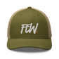 Front view of a moss green and khaki bitcoin trucker cap.