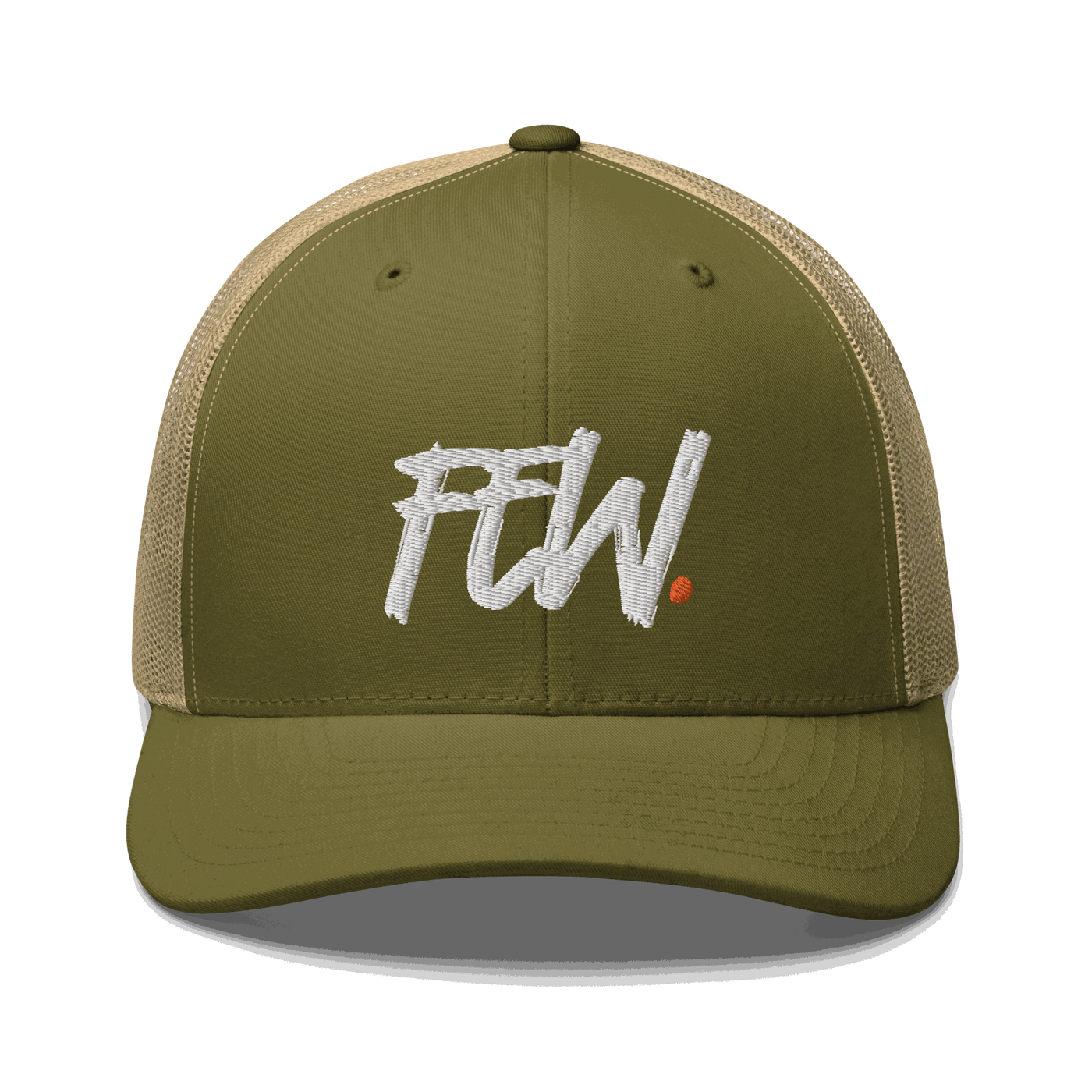 Front view of a moss green and khaki bitcoin trucker cap.