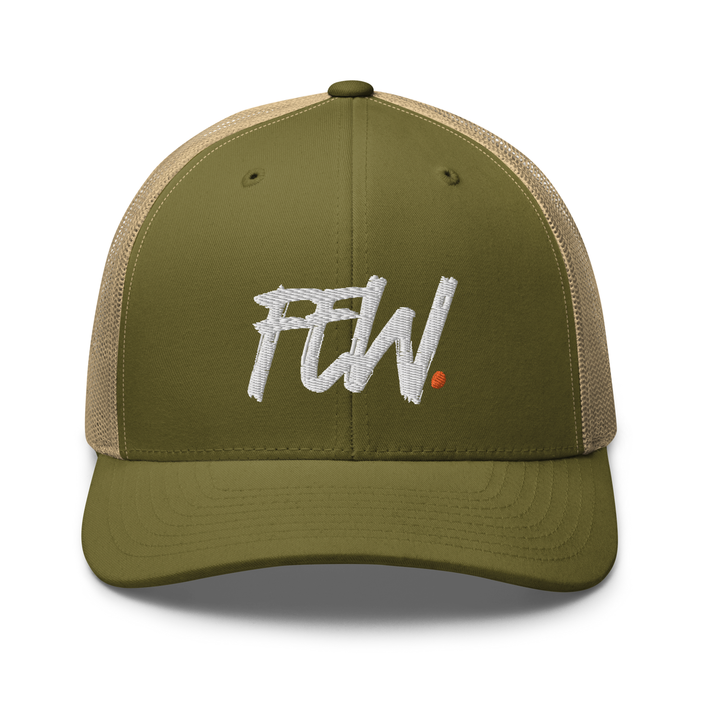 Front view of a moss green and khaki bitcoin trucker cap.