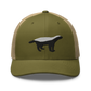 Front view of a moss green and khaki bitcoin trucker cap.