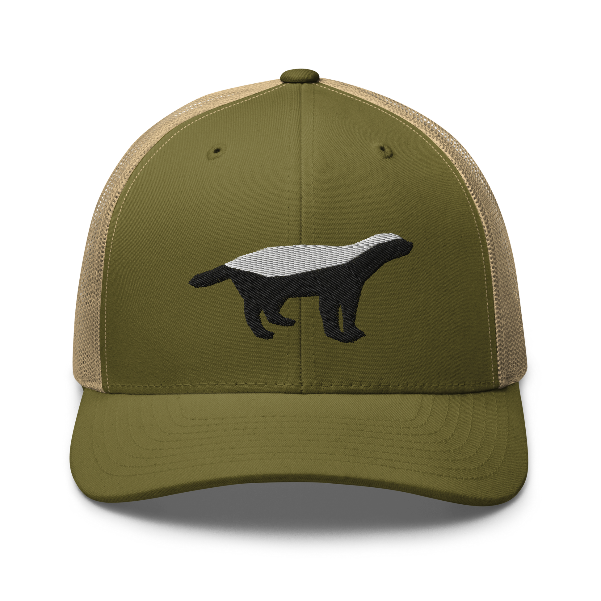 Front view of a moss green and khaki bitcoin trucker cap.