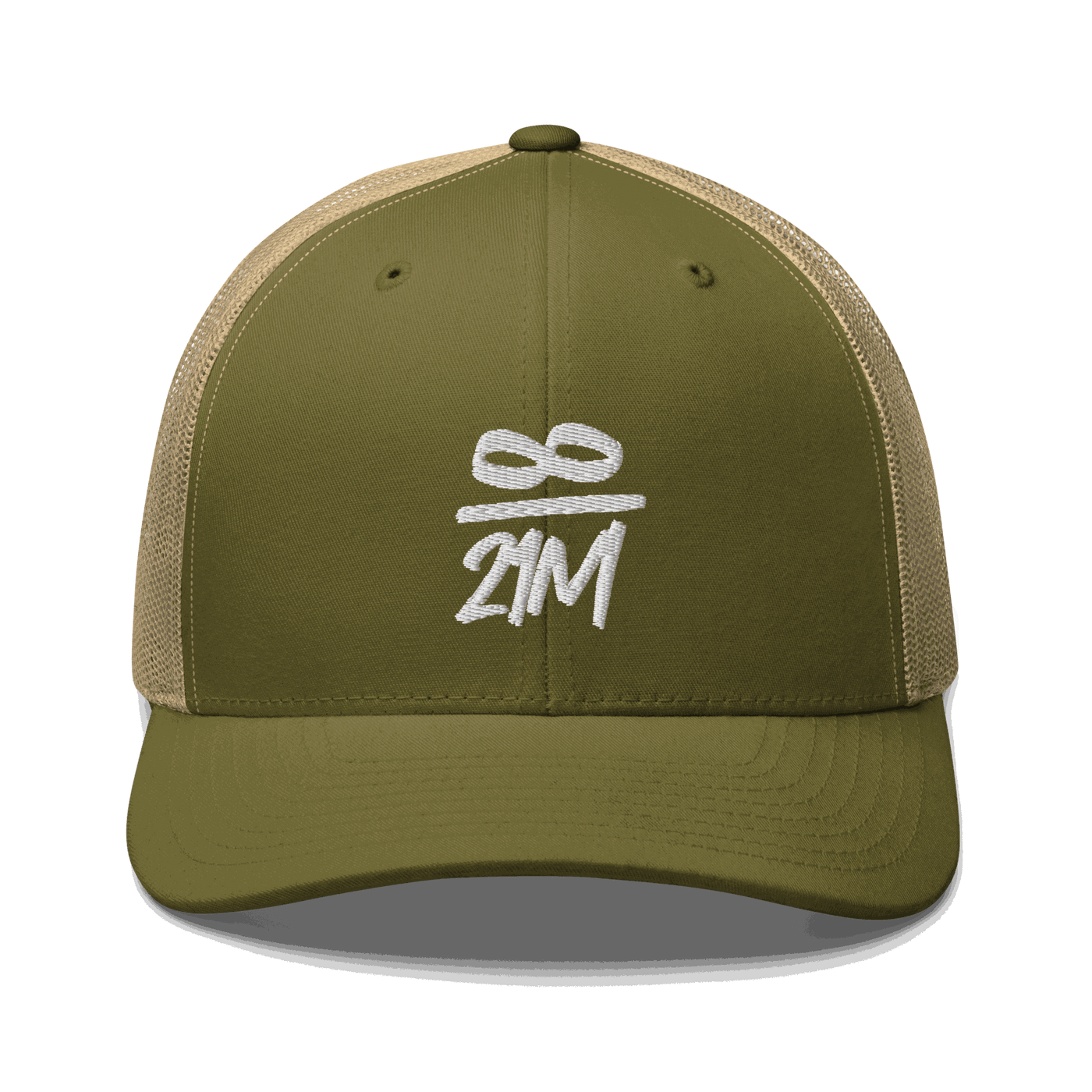 Front view of a moss green and khaki bitcoin trucker cap.