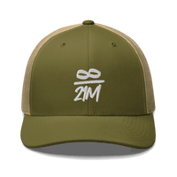 Front view of a moss green and khaki bitcoin trucker cap.