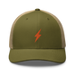 Front view of a moss green and khaki bitcoin trucker cap.