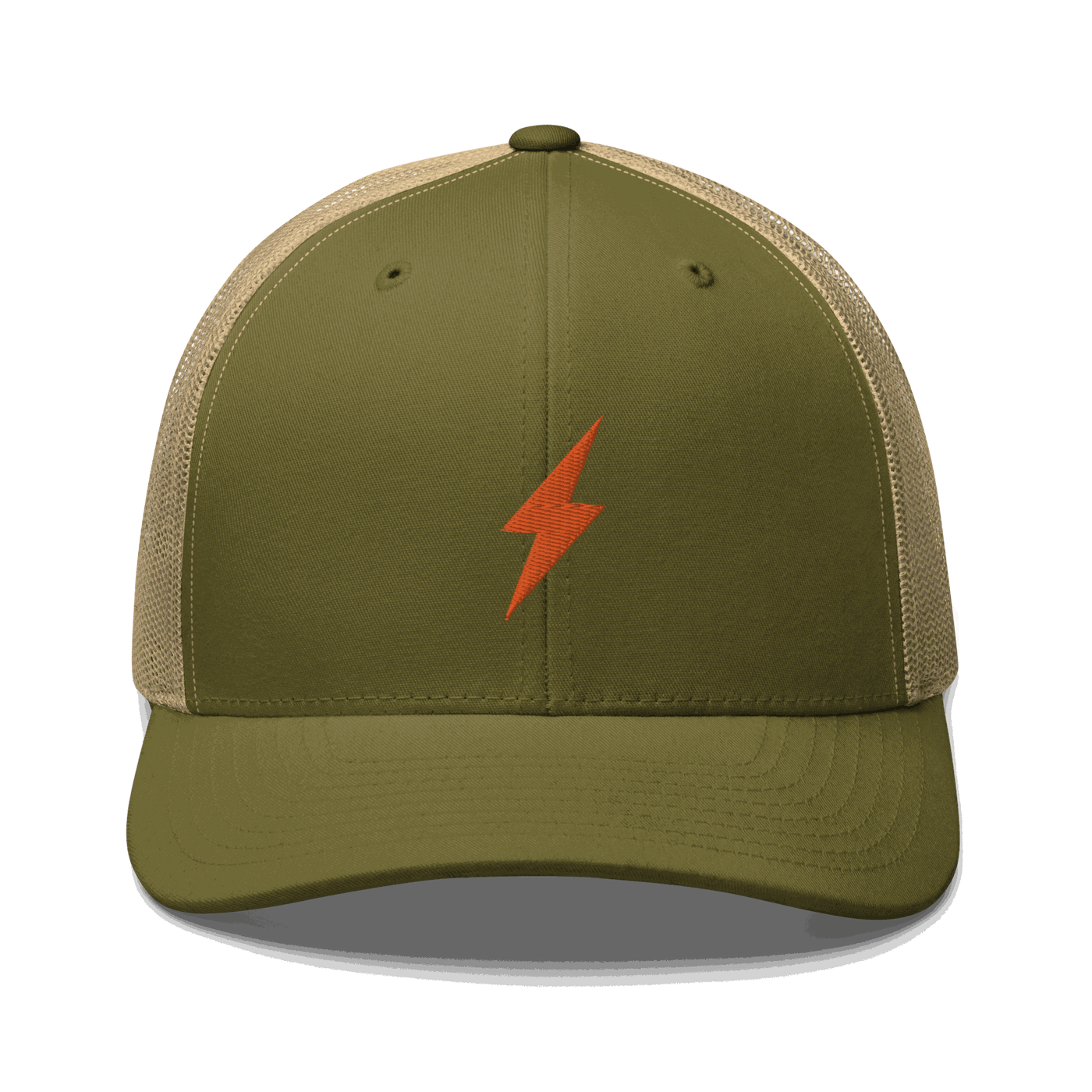 Black six-panel Lightning Bitcoin trucker cap with mesh back and embroidered logo