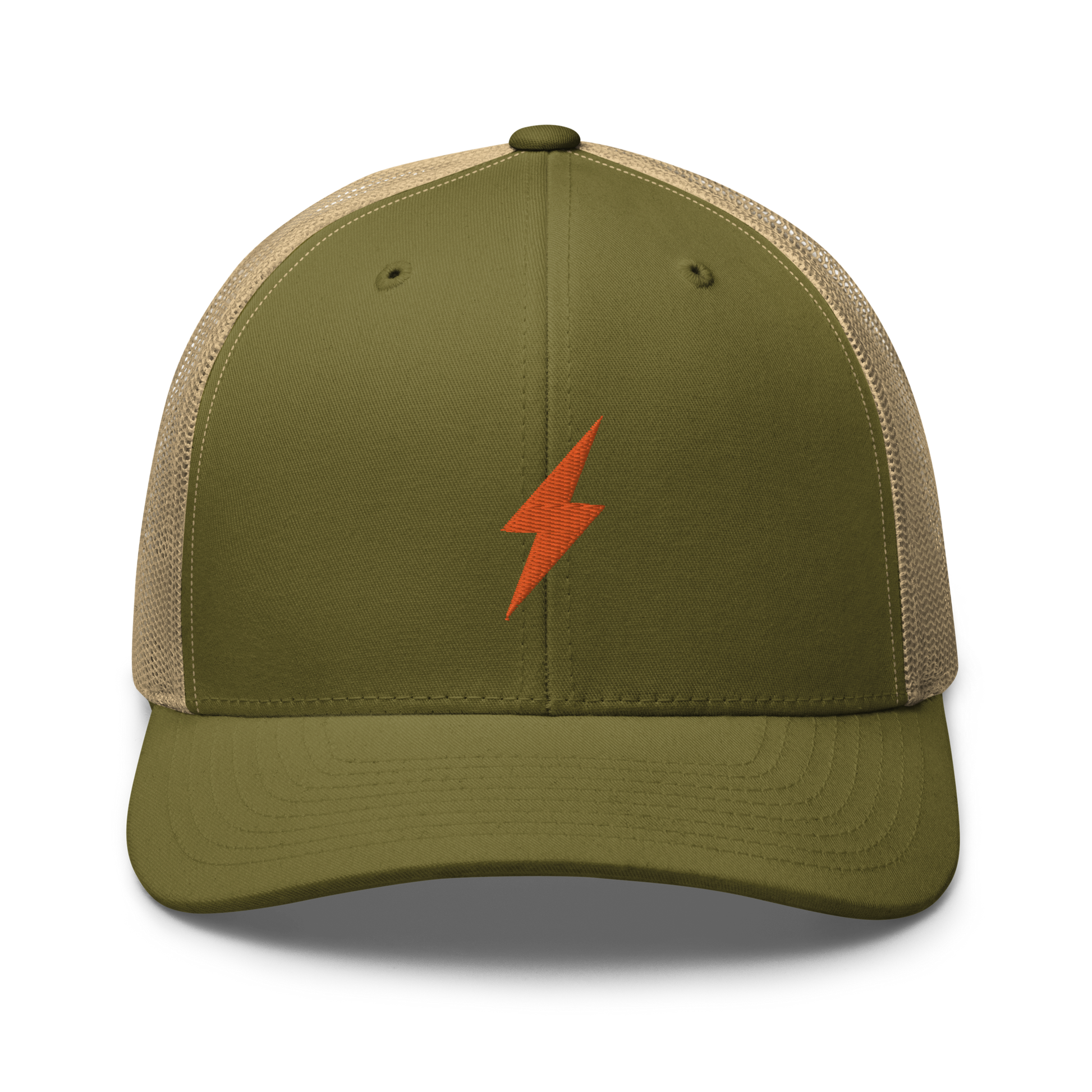 Front view of a moss green and khaki bitcoin trucker cap.