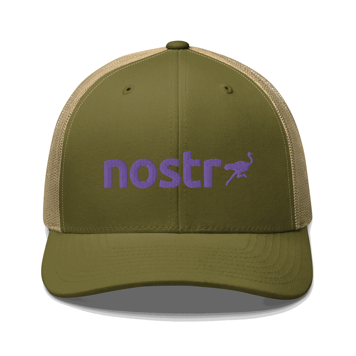 Front view of a moss green and khaki bitcoin trucker cap.