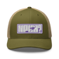 Front view of a moss green and khaki bitcoin trucker cap.