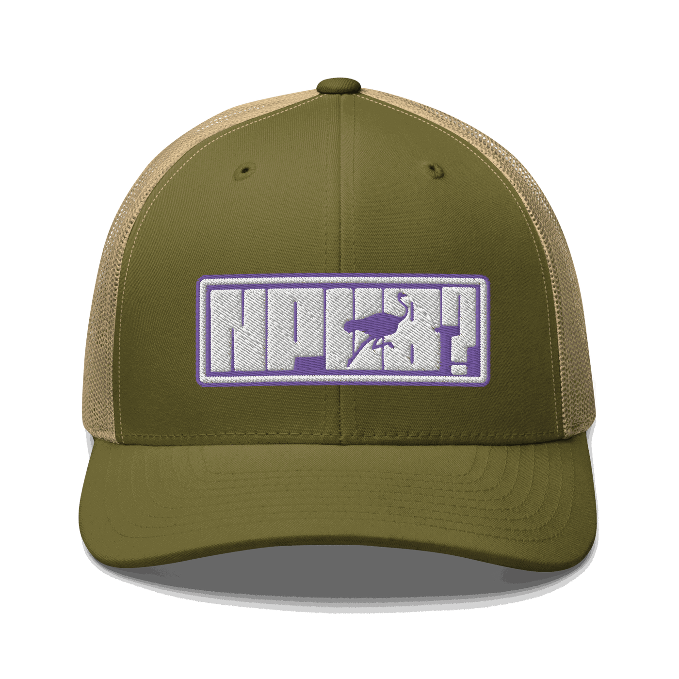 Front view of a moss green and khaki bitcoin trucker cap.